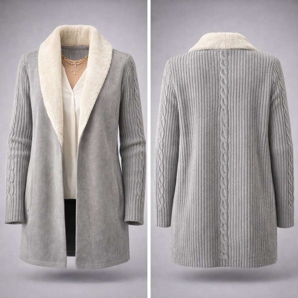 Alfred Dunner Grey Faux Suede Faux Fur Collar Knit‎ Cardigan Jacket Womens 10
